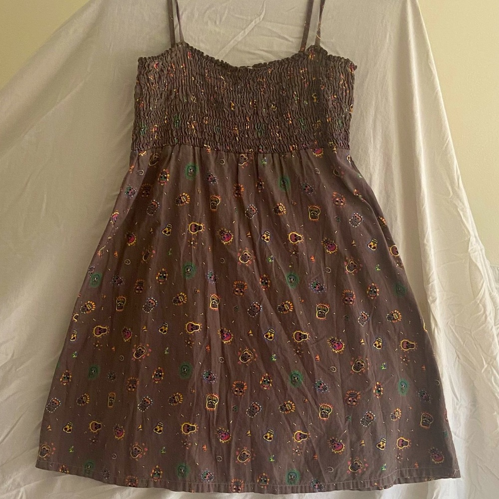H&M size 8 Brown Spaghetti Strap 100% Cotton Dress with Colorful Skull Motif